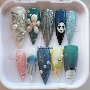 Handmade Studio Ghibli Press On Nails with Totoro, No Face, Fantasy Anime Nail Art Set, Cute Anime Press On Nails for Studio Ghibli fans.