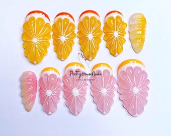 Pinky Orange Fruit Press On Nails, Orange Nails, Almond Nails, Special Summer Nail Art, Trendy Nails, Fake Nails, Y2K Nails, Acrylic Nails.