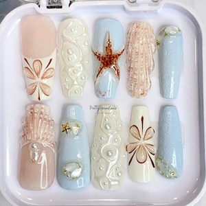 Custom Tropical Beach 3D Press On Nails, Ocean-Inspired Designs, Fake Nail with Flower, Seashell, Starfish, Handmade Nail Press On, Gel Nail