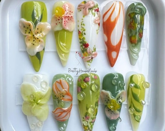 Matcha Green Floral Press On Nail, Short Stiletto Nail Set with Flowers, Handmade False Nail for Holiday, Birthday Nail, Luxury Summer Nails