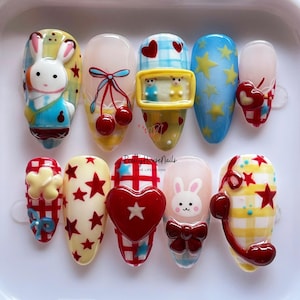 Kawaii Bunny Press On Nails, 3D Cute Star Heart Fake Nails, Handmade Cartoon Nail Art, Party Nails, Custom Gift for Girls & Nail Lovers.