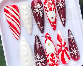 Gorgeous Christmas Press On Nails, Glitter Long Stiletto Nail Set with Knit Sweater, Reindeer for Holiday, Prom, White Snowflake Nail Art.