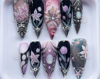 Handmade Press On Nails with 3D Floral Design, Elegant Purple Black False Nails, Autumn Nails, Long Stiletto Nail Art, Custom Gift for Her.