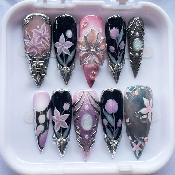 Handmade Press On Nails with 3D Floral Design, Elegant Purple Black False Nails, Autumn Nails, Long Stiletto Nail Art, Custom Gift for Her.