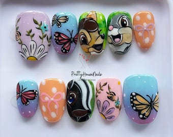 Unique Cartoon Press On Nails, Short Oval Nail Set with Cute Cartoon Butterfly Floral, Handmade False Nails, Colorful Spring Summer Nail Art