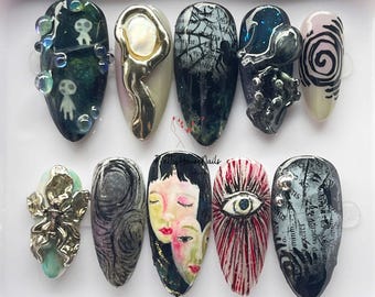 Gothic Abstract Press On Nails, Surreal Art Fake Nail Set with 3D Eye, Faces and Metallic Design, Handmade Halloween Nail Art, Carnival Nail