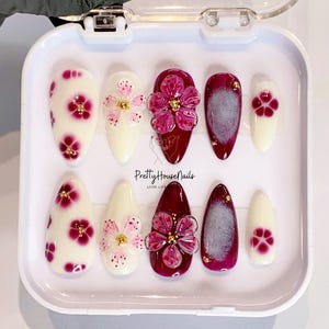 3D Dry Orchid Flower Almond Press On Nails, Custom Hand-painted Acrylic Purple Spring-Summer Fake/False Nails, Fairycore Nail, Floral Nails