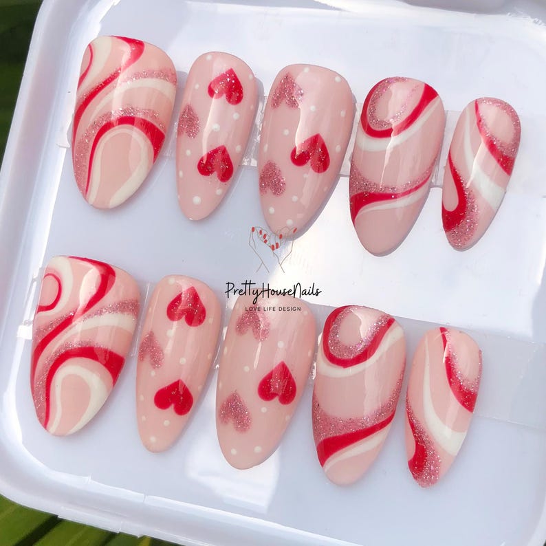 reusable nails, Press On Nails, 3D Nail Art, Cute Nails, Handmade Nails, custom nails, custom press on, acrylic press ons, Red press on nails, 3D bow nails, Cherry Nail Set, Valentine Nails, Valentine Nail Set, Pink Nails, Romantic Nails
