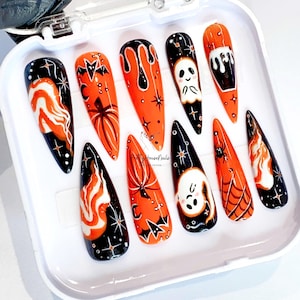Orange Pumpkin Halloween Press On Nails, Hand-painted Fake Nails for Halloween Festival, Glue On Nails, Black Nails, Gothic Nails, 3D Nails.