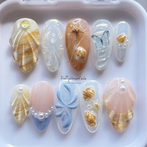 Ocean Inspired Press on nails, Summer Nails, Handmade Floral False Nails for Holiday, Vacation, Birthday, Party Nail, Seashell Nails, Gifts.