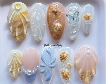 Ocean Inspired Press on nails, Summer Nails, Handmade Floral False Nails for Holiday, Vacation, Birthday, Party Nail, Seashell Nails, Gifts.