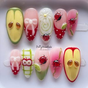 Cute Ladybug Press On Nails, Handmade 3D Bow and Flower Fake Nails, Spring Garden Nail Art Set, Summer Fruit Nails, Kawaii Gift for Her.