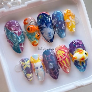 Unique Almond Nail Set with Under the Sea-Inspired Designs, Vibrant  Summer Press On Nails, Ocean Nails, Beach Nails, Holiday/Party Nails.