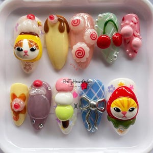 Whimsical 3D Kawaii Cartoon Press On Nails, Almond Nail Set with Cute Cat, Cherry, Ice Cream, Holiday/Party Nails, Colorful Nails for Gift.