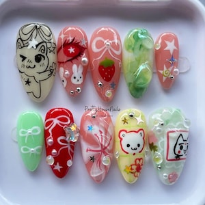 Cute Cat Theme Press On Nails, Cartoon Design Nail Art, Fake Nail for Birthday, Fantasy Nails, Hand made Press on Nails, Unique Cute Nails.
