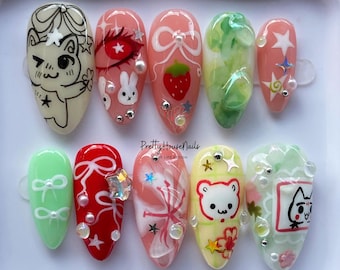 Cute Cat Theme Press On Nails, Cartoon Design Nail Art, Fake Nail for Birthday, Fantasy Nails, Hand made Press on Nails, Unique Cute Nails.