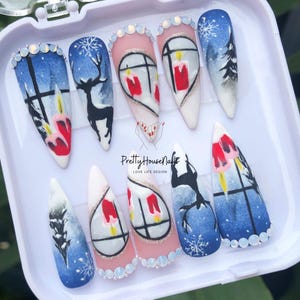 Cozy Christmas Nail Press On, Matte Gray Long Nails with a Warm Candle, Reindeer in a Snowy Night, Handcrafted Fake Nail Magic for Christmas