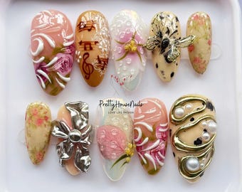 Vintage Press On Nails, Floral Music Notes, 3D Butterfly & Bow, Pearl Elegant Nails, Handmade Romantic Nail Art, Spring Nails, Gift for Her