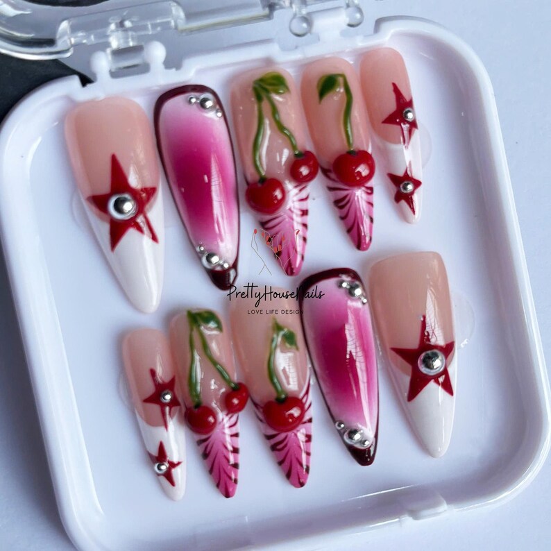press on nails, almond press on nail, Long Stiletto Nail, handpainted Nail, Cute Nail, Gel Nail Art, Fake Nails, Valentine Nail, Cherry Nail, Jelly Nail, Pink Nail, Red and Pink Nail, Valentine nails, Heart Nailsm Romantic Nail Art