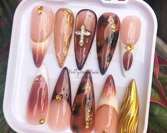 Custom Brown Nail Set, Glitter Long Stiletto Nails with Cross Gems, French Tips Nail Art, Fall Nail, Autumn Nails, Hand-painted Nail Glue.