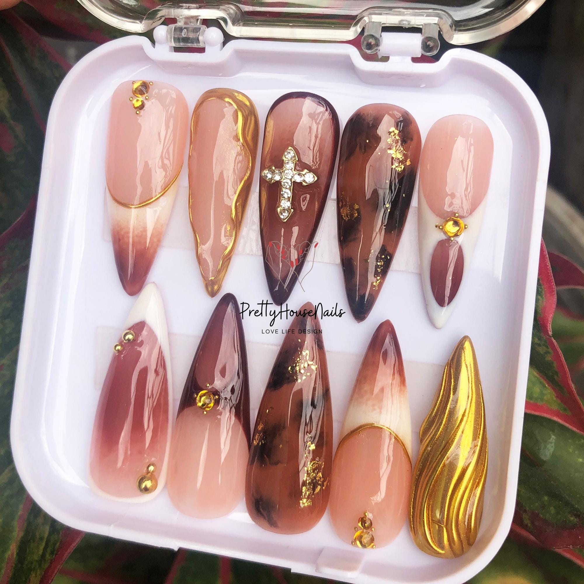 Custom Brown Nail Set, Glitter Long Stiletto Nails with Cross Gems, French Tips Nail Art, Fall Nail, Autumn Nails, Hand-painted Nail Glue.