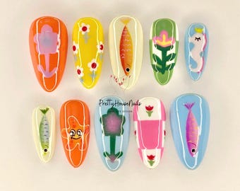 Ocean whispers Press On Nails | Sea Lover Nails Art | Natural Sweet Nails Set |Fresh Look False Nails for Parties |Summer Holiday Fake Nails