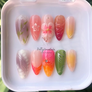 Weiße Perle Mandel Drücken Sie auf die Nägel, 3D handbemalte Nagelset, Verträumte Nagelkunst, Sommer, Frühlingsnägel, Kleber auf den Nägeln, Benutzerdefinierte Acryl Gefälschte Nägel