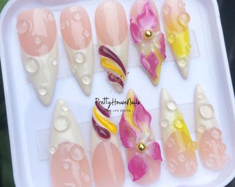 Spring Flower Long Stiletto Nail Press On, Custom Summer-Autumn Design Nail Art, Fake Nail for Birthday, Holiday, 3D Gel Nails, Gift For her