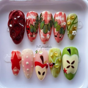 Fruit Party Press On Nails, Hand-painted Almond Nail Set with Worm, Apple, Unique Summer Nails, Party Nails, Holiday Nails, Gift for her.