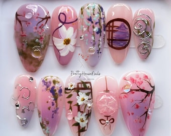 Unhas de pressão inspiradas na arte chinesa, unhas de amêndoa com flor de cerejeira, unhas roxas sonhadoras, conjunto de unhas para chá de edição limitada, presente de unha