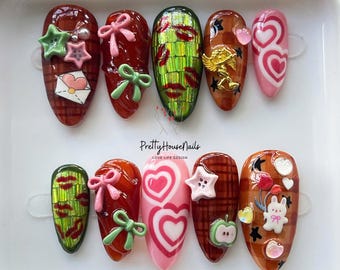 Valentine Press On Nails, Unique Hearts, Bows & Kiss Print Nail Set, Kawaii Love Letter Nails, Hand Painted Romantic Nails, Gift for Her