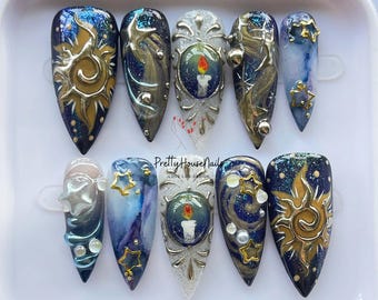 Celestial Galaxy Press On Nails with Sun & Moon Art, Handmade Cosmic Nail Set, Astrology Star Nails, Unique Fantasy 3D Nails for Women