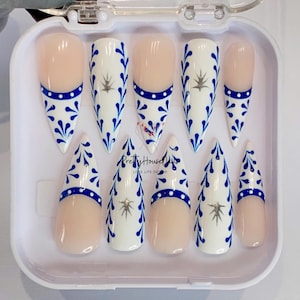 Porcelain Blue Tiles, Unique Motifs Press On Nails, Elegant French Tip Fake Nails, Birthday Holiday Nails Art, Luxury Nails Mothers Day Gift