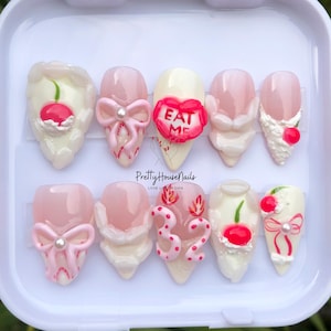 Custom Birthday Age Nail Set with Hand-Painted Cake, Bow & &quot;EAT ME&quot; Design, Short Handmade Press-On Nails, Perfect for Birthday, Party Nails