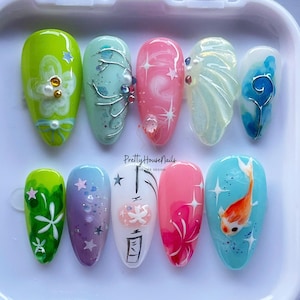 Uñas postizas de colores extravagantes, uñas kawaii artesanales con divertidos diseños 3D, diseño chino, uñas postizas para cumpleaños, uñas de fantasía