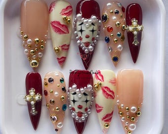 Handmade Red Clown Press On Nails, Pearl Rhinestone Cross Nails, Halloween Long Nail Set, Custom False Nails, Perfect for Cosplay/Prom, Gift