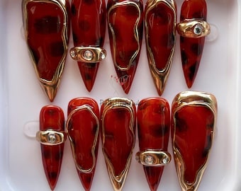 Luxury Red Tortoiseshell Press On Nails with 3D Gold Chrome & Rhinestones, Handmade Reusable Statement Nails, Daily Nails, Gift for Her