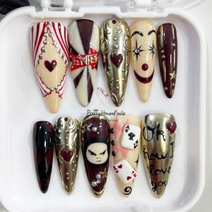 Mysterious Circus Inspired Nail Set, Artistic Clown-Themed Press On Nails, Vibrant Carnival-Inspired Design, Unique and Artistic Nail Design