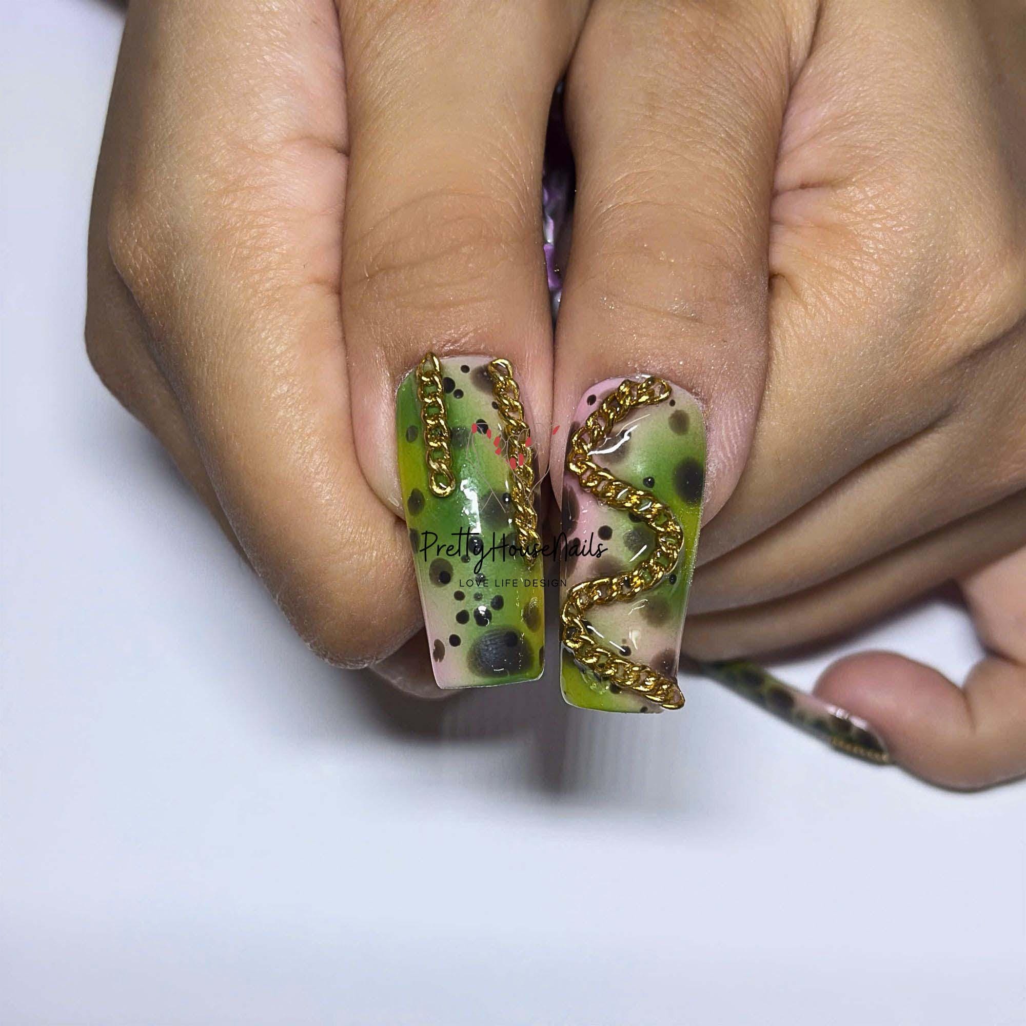 3D Floral Press on Nails, Pink Flower Leopard Gold Chain Luxury ...
