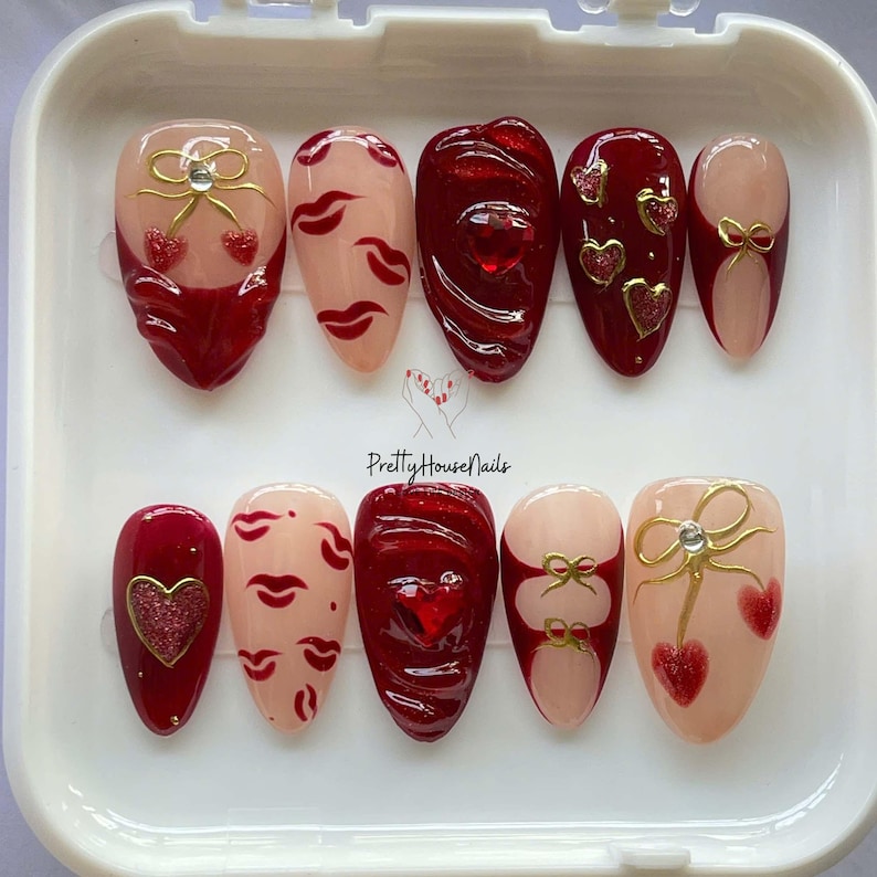 valentine nails, burgundy nails, heart press on, kiss print nails, 3d heart nails, romantic nails, red press ons, love nails gift, nude red nails, gold charm nails, almond nail set, valentine gift her, handmade nails