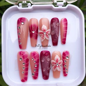 Fresh Flower Press-On Nail, Handmade Pink - Burgundy Gradient with 3D Floral and Rhinestone Accent, Perfect for Holiday, Party, Gift for her