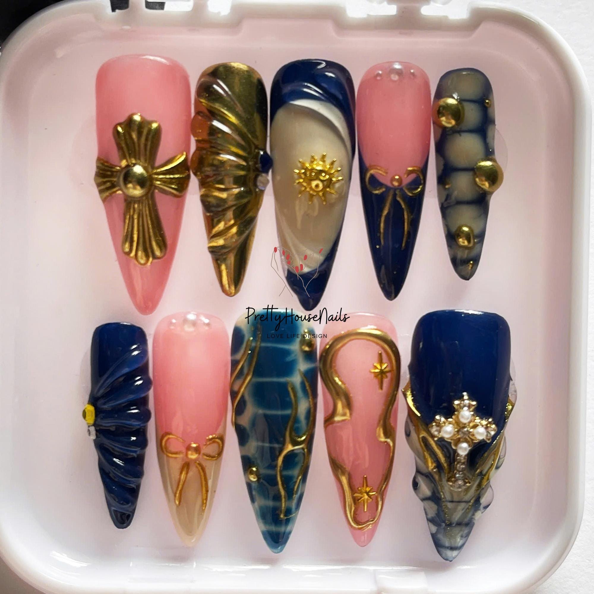Unique Blue & Gold Nail Art, Handmade Long Almond Nail Set with Cross, Tortoise Shell, French Tips Nails, Gold Nails, Blue Nails, Daily Nail