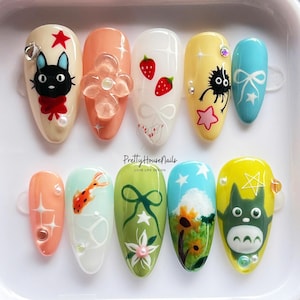 Hand-painted Ghibli Press On Nails with Totoro, Almond Nail Set with Jiji, Soot Sprites, Cute Anime Press On Nails for Studio Ghibli fans.