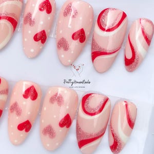 reusable nails, Press On Nails, 3D Nail Art, Cute Nails, Handmade Nails, custom nails, custom press on, acrylic press ons, Red press on nails, 3D bow nails, Cherry Nail Set, Valentine Nails, Valentine Nail Set, Pink Nails, Romantic Nails