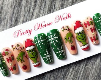 The Grinch Hand Press On Nails | Christmas Nails | Elegant Coffin Nails | Devil&#39;s Hand Fake Nails Set |Trendy Nails | Ho Ho Crystal Nails.