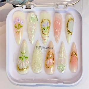 Dreamy Press On Nails Stiletto, Romantic Nail Art in Fake Nails, Jelly Pastel Tulip Nail Art, Fairy Tales Flower Press On, Custom Fake Nails