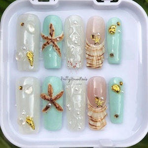 Ocean-Inspired Press On Nails, Summer Nail Art, Tropical Beach Designs with Seashells, Starfish, Fake Nails for Birthday, Holiday/Party Nail