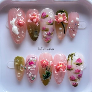 Beautiful Floral Nail Art Set with Lotus and 3D Fish, Handcrafted Gel Nails, Elegant Spring Nails, Perfect for Special Occasions & Gifts.