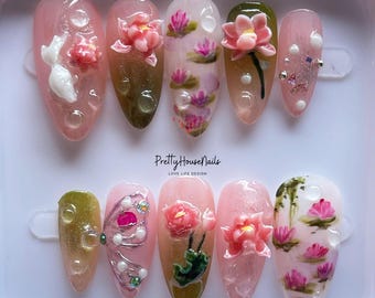 Beautiful Floral Nail Art Set with Lotus and 3D Fish, Handcrafted Gel Nails, Elegant Spring Nails, Perfect for Special Occasions & Gifts.