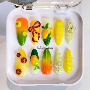 Tropical Fruit Lover Press On Nail, Summer Holiday Long Almond Fake Nail, Fresh Look False Nail for Holiday Party, Fruit Nail, Gift for Her.